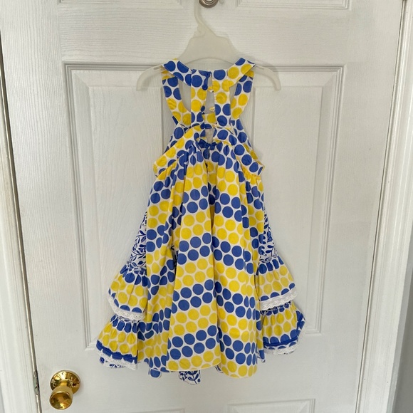 Deux Par Deux Girls Summer Dress Size 6 Polka Dot and Flowers Yellow and Blue - Picture 3 of 8
